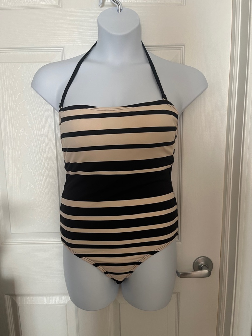 Liz Claiborne Black and Beige Striped One-Piece Swimsuit size 12